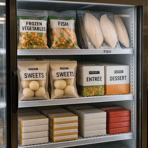 Frozen vegetables, fish, Indian desserts, and sweets