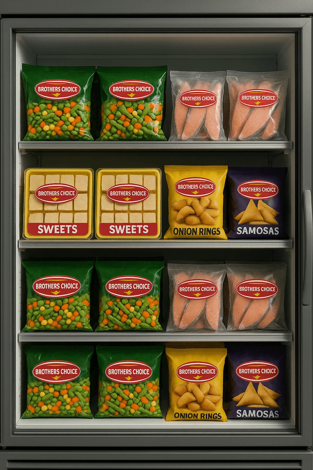 Frozen vegetables, fish fillets, and Indian desserts for restaurant use