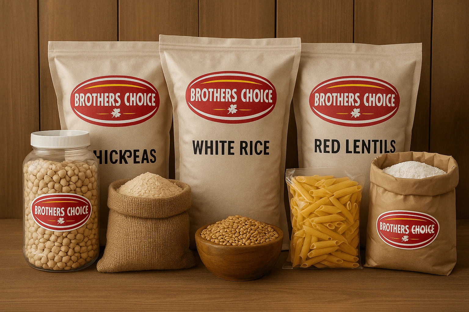 Dry goods including rice, lentils, pulses, and atta for restaurant supply