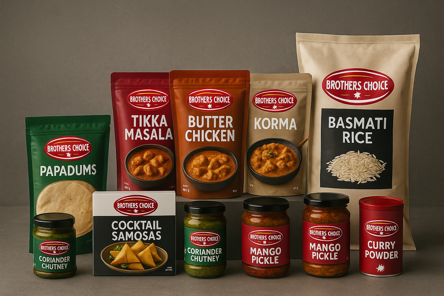 Assorted specialty South Asian grocery items including spices and snacks